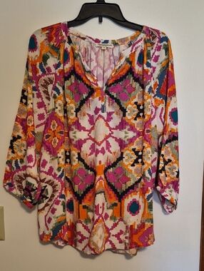 Christian Siriano Pink Orange Multi Ikat Artsy Peasant Top SZ 1X